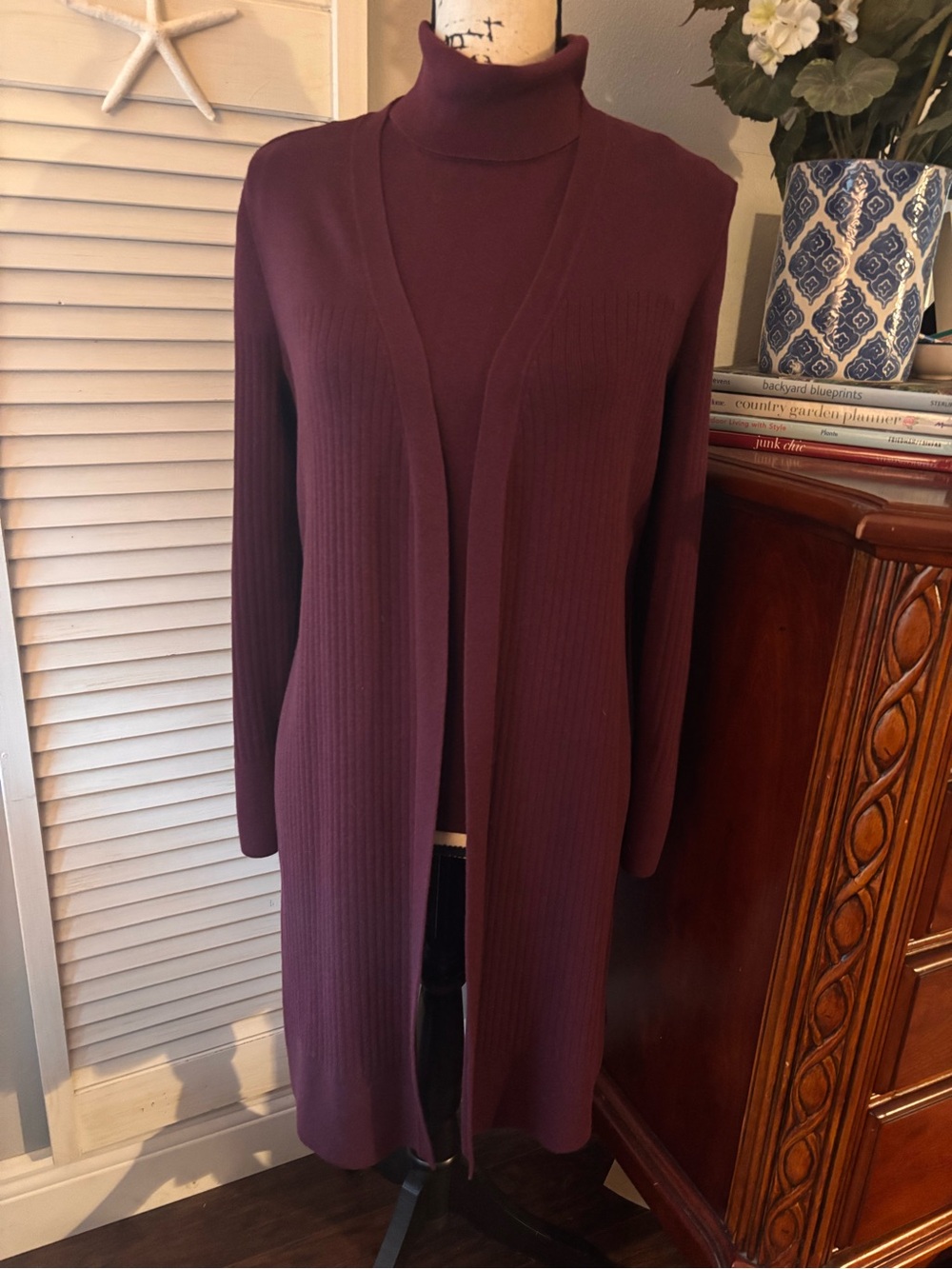 Talbots Deep Plum Open-Front Long Cardigan and Shell Set